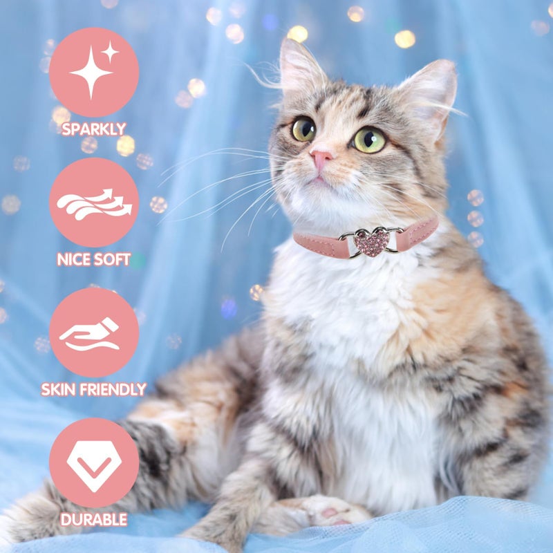 BINGPET Diamond Cat Collar,Adjustable Soft Velvet Leather Safe Kitten Collar with Crystal Heart Charm and Bells,Girl Boy Bling Stylish Cat Collars with Safety Elastic (Pink, Neck Girth 8"-10") - Image 2